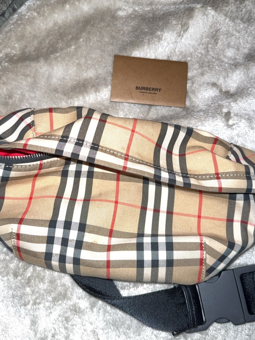 Burberry Tan Vintage Check Belt Bag with Red Accents